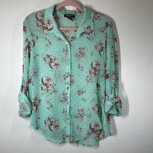 About A Girl Los Angeles L Sheer Mint Pastel Green Blouse Top Floral Skulls